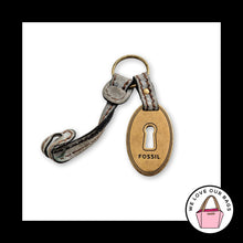 Load image into Gallery viewer, FOSSIL KEY Gold Brass Metal Gray Leather Strap Bag Charm Hang Tag Keychain Fob