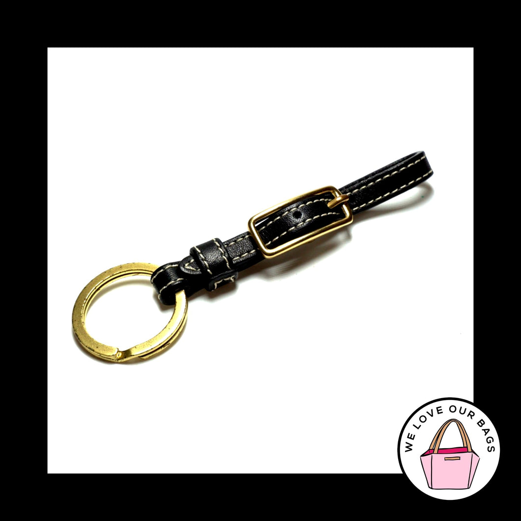 VINTAGE COACH HAMPTON Black Leather Buckle Brass Fob Bag Charm Keychain Tag 7380