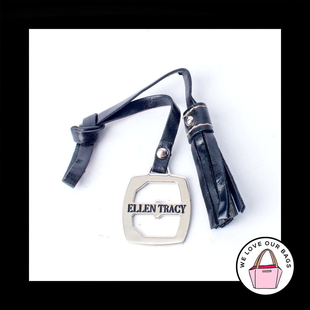 ELLEN TRACY Black Leather TASSEL Strap Nickel Fob Bag Charm Keychain Hang Tag