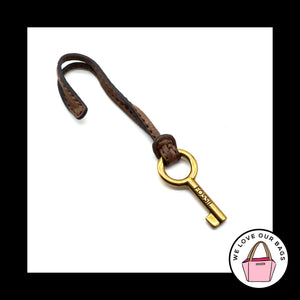 FOSSIL Gold Brass KEY Brown LEATHER Strap Key Fob Bag Charm Keychain Hang Tag