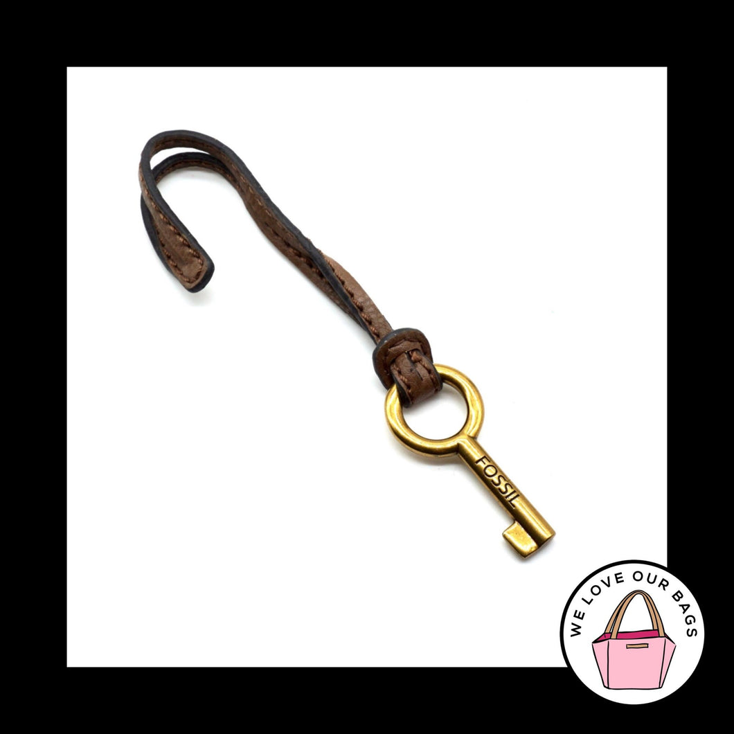 FOSSIL Gold Brass KEY Brown LEATHER Strap Key Fob Bag Charm Keychain Hang Tag