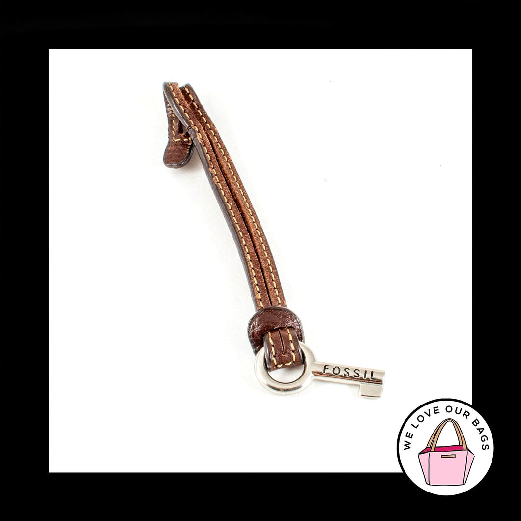 FOSSIL Brown LEATHER STRAP Loop Silver Nickel Fob Bag Charm Keychain Hang Tag