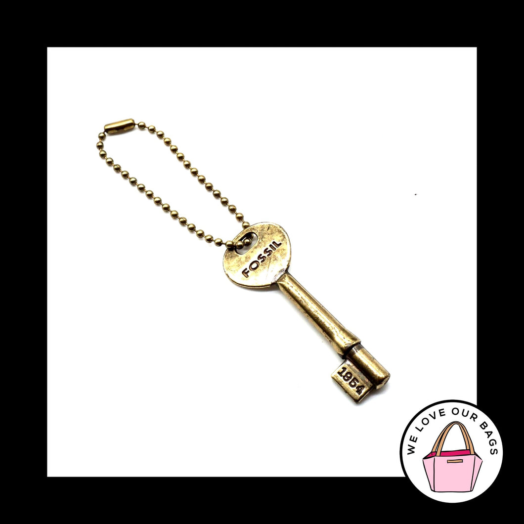 FOSSIL Medium Gold Brass Metal Key on Ball Chain Fob Bag Charm Keychain Hang Tag