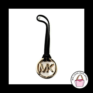 MICHAEL KORS Black LEATHER Strap Gold Brass Fob Bag Charm Keychain Hang Tag