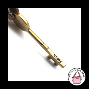 New FOSSIL Gold Brass KEY Brown LEATHER Strap KeyFob Bag Charm Keychain Hang Tag