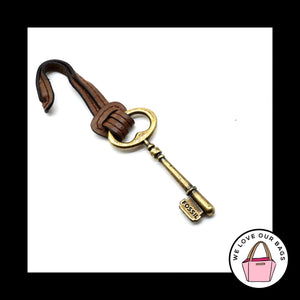 FOSSIL Large Gold Brass Key BROWN LEATHER Strap Fob Bag Charm Keychain Hang Tag