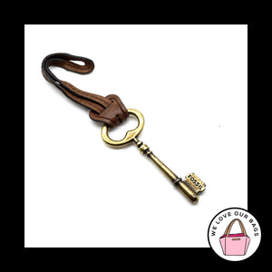 FOSSIL Large Gold Brass Key BROWN LEATHER Strap Fob Bag Charm Keychain Hang Tag