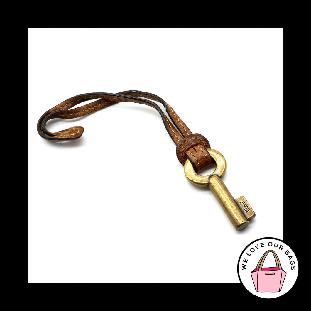 FOSSIL Gold Brass Metal Key BROWN LEATHER Strap Fob Bag Charm Keychain Hang Tag