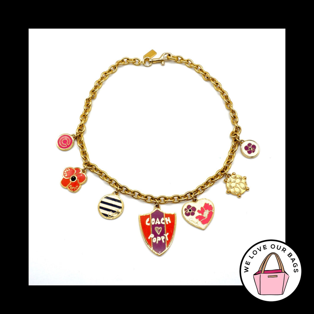 Rare $168 COACH POPPY 2011 Enamel Crystal Flower Charm Gold Metal Chain NECKLACE