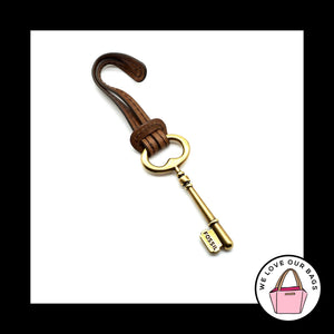 FOSSIL Large Gold Brass Key BROWN LEATHER Strap Fob Bag Charm Keychain Hang Tag