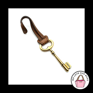 FOSSIL Large Gold Brass Key BROWN LEATHER Strap Fob Bag Charm Keychain Hang Tag