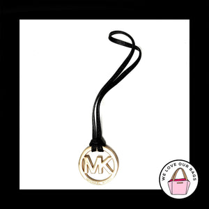 MICHAEL KORS Black LEATHER Strap Gold Brass Fob Bag Charm Keychain Hang Tag