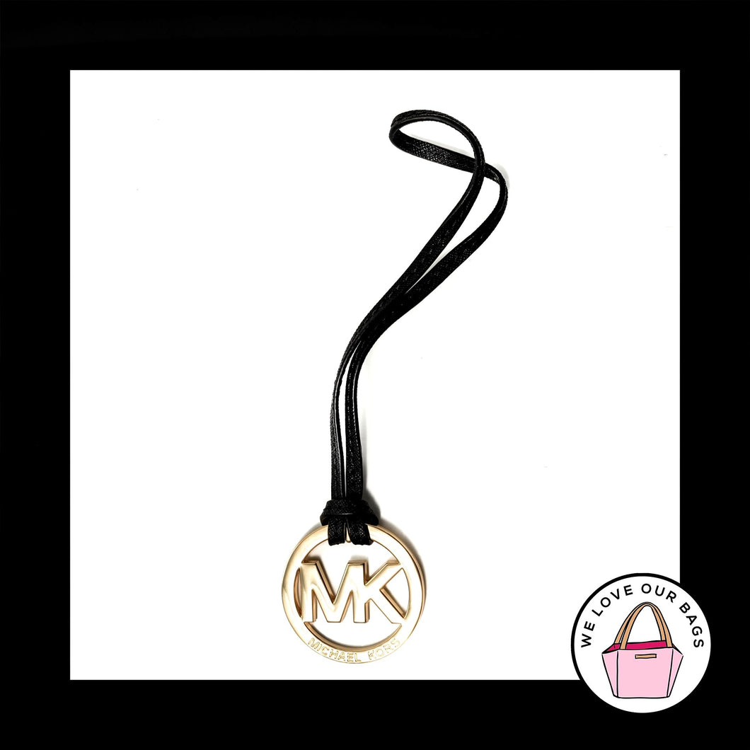 MICHAEL KORS Black LEATHER Strap Gold Brass Fob Bag Charm Keychain Hang Tag