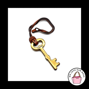 FOSSIL Large Gold Brass Key BROWN LEATHER Strap Fob Bag Charm Keychain Hang Tag