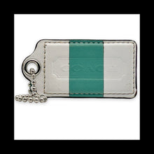 Load image into Gallery viewer, COACH HANG TAG 3" Turquoise White Stripe Bag Charm Keychain Fob Leather X-Large

