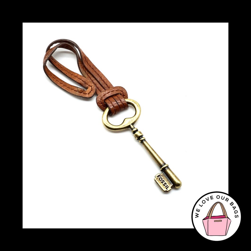 FOSSIL Large Gold Brass Key BROWN LEATHER Strap Fob Bag Charm Keychain Hang Tag