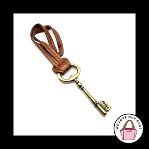 FOSSIL Large Gold Brass Key BROWN LEATHER Strap Fob Bag Charm Keychain Hang Tag