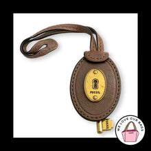 Load image into Gallery viewer, Y2K FOSSIL KEY Antique Gold Brass Brown Leather Strap Bag Charm Hang Tag Fob
