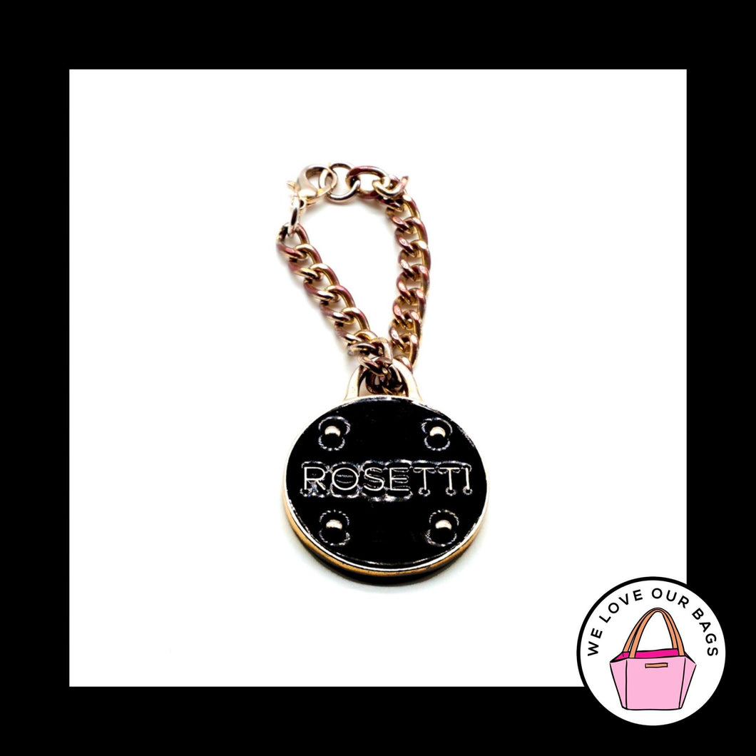 ROSETTI Black Enamel Round Gold Metal Disc Key Fob Bag Charm Keychain Hang Tag