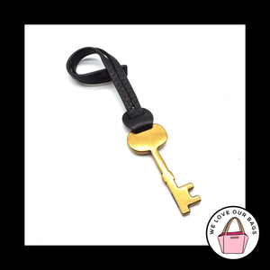 New FOSSIL Gold Brass KEY Black LEATHER Strap KeyFob Bag Charm Keychain Hang Tag