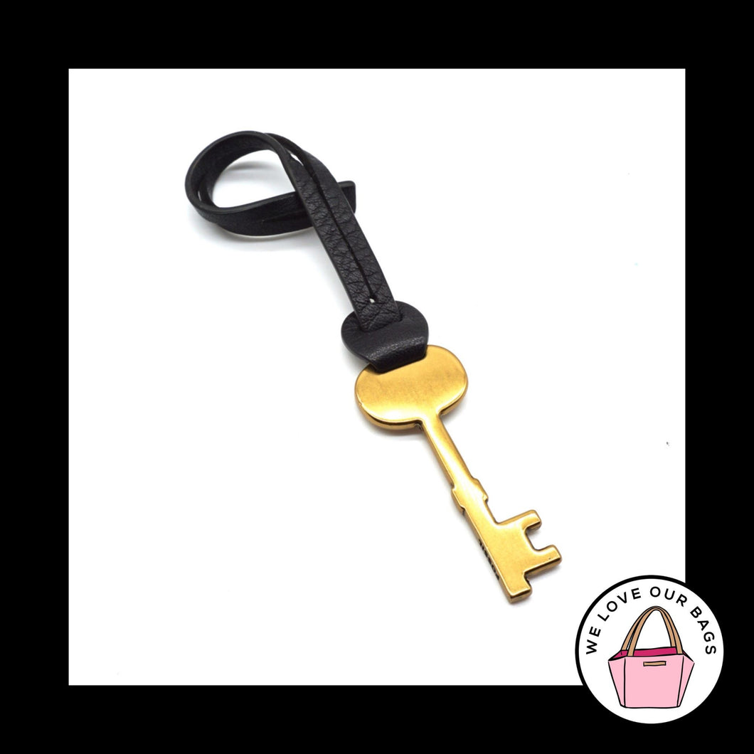 New FOSSIL Gold Brass KEY Black LEATHER Strap KeyFob Bag Charm Keychain Hang Tag