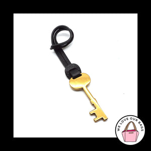 New FOSSIL Gold Brass KEY Black LEATHER Strap KeyFob Bag Charm Keychain Hang Tag