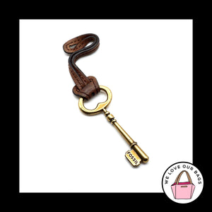 FOSSIL Large Gold Brass Key BROWN LEATHER Strap Fob Bag Charm Keychain Hang Tag