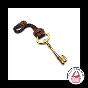 FOSSIL Large Gold Brass Key BROWN LEATHER Strap Fob Bag Charm Keychain Hang Tag