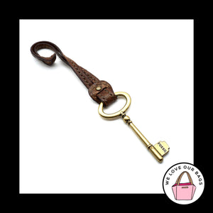 FOSSIL Large Gold Brass Key BROWN LEATHER Strap Fob Bag Charm Keychain Hang Tag