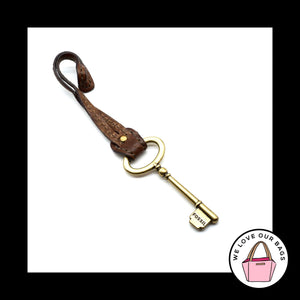 FOSSIL Large Gold Brass Key BROWN LEATHER Strap Fob Bag Charm Keychain Hang Tag