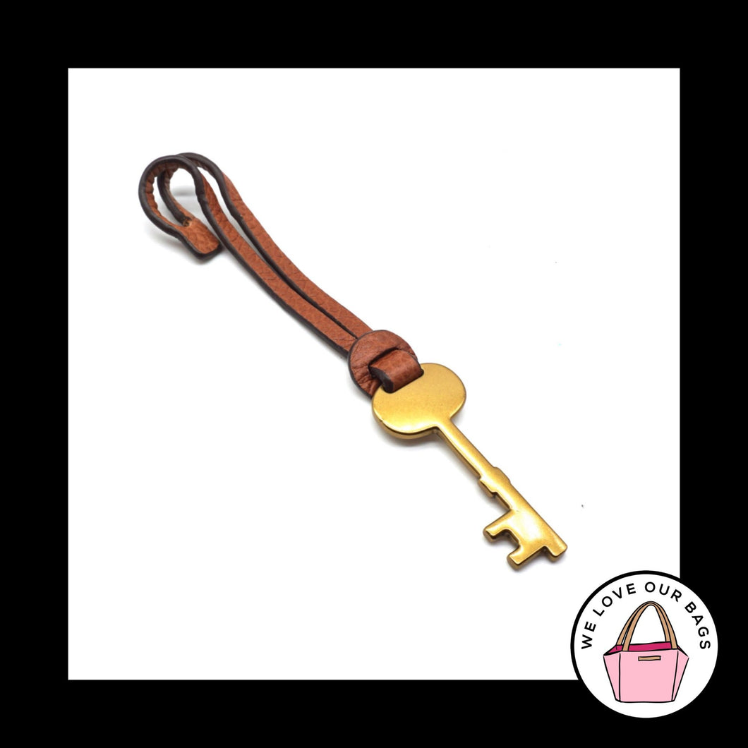 New FOSSIL Gold Brass KEY Brown LEATHER Strap KeyFob Bag Charm Keychain Hang Tag