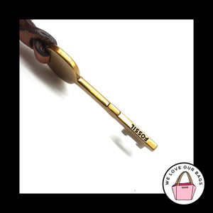 New FOSSIL Gold Brass KEY Brown LEATHER Strap KeyFob Bag Charm Keychain Hang Tag