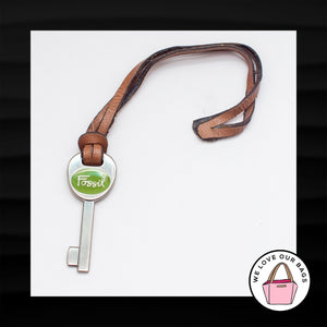 FOSSIL SILVER GREEN KEY BROWN LEATHER STRAP FOB BAG CHARM KEYCHAIN HANG TAG