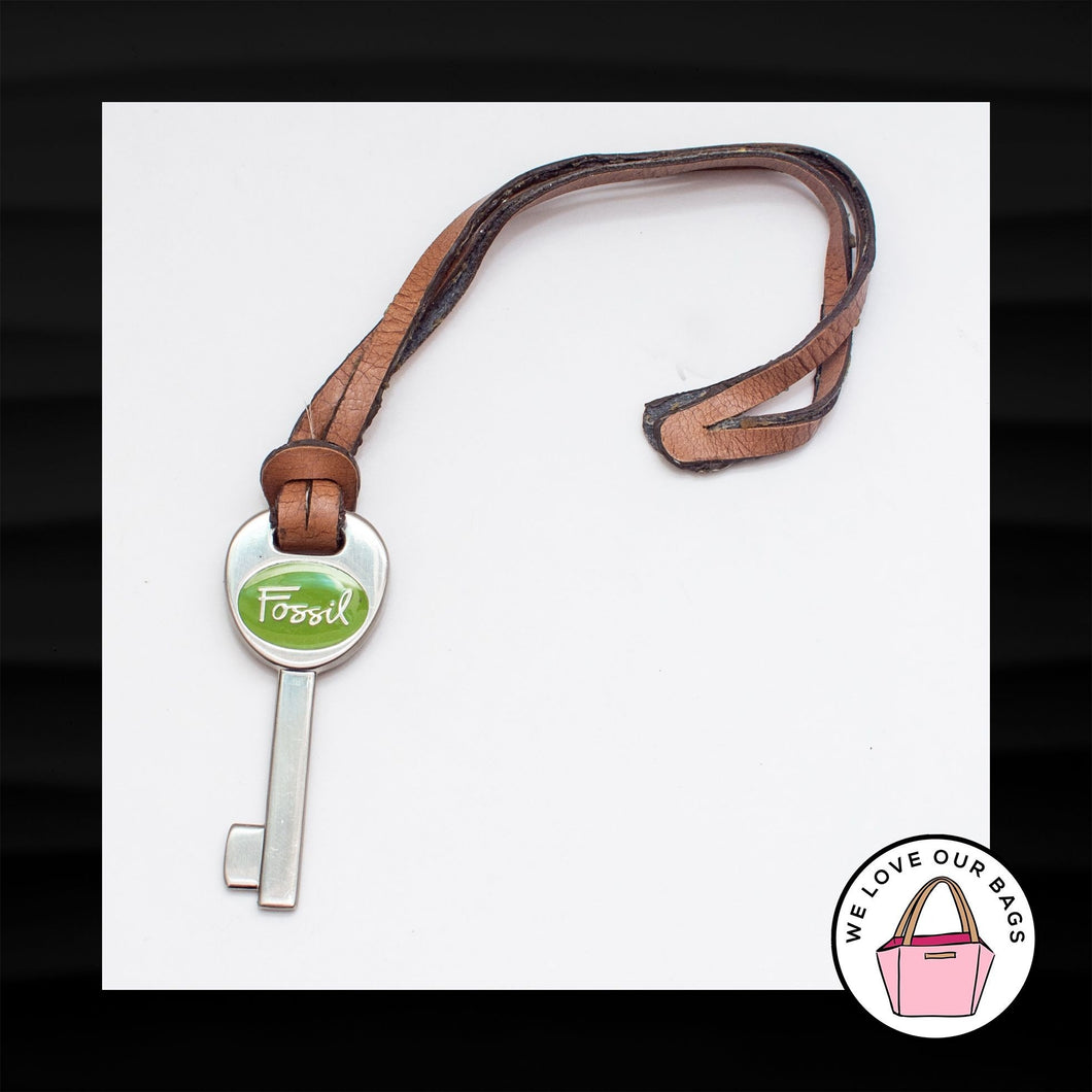 FOSSIL SILVER GREEN KEY BROWN LEATHER STRAP FOB BAG CHARM KEYCHAIN HANG TAG